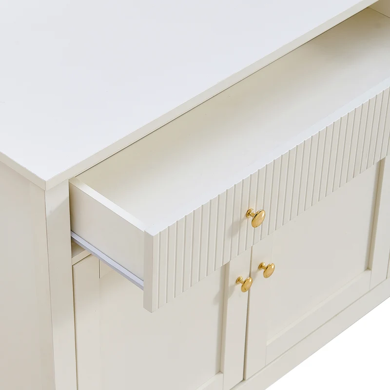 Buffet blanc 2 tiroirs à façades rainurées, 4 portes et poignées dorées 160x40x82cm CLASSICBARSET