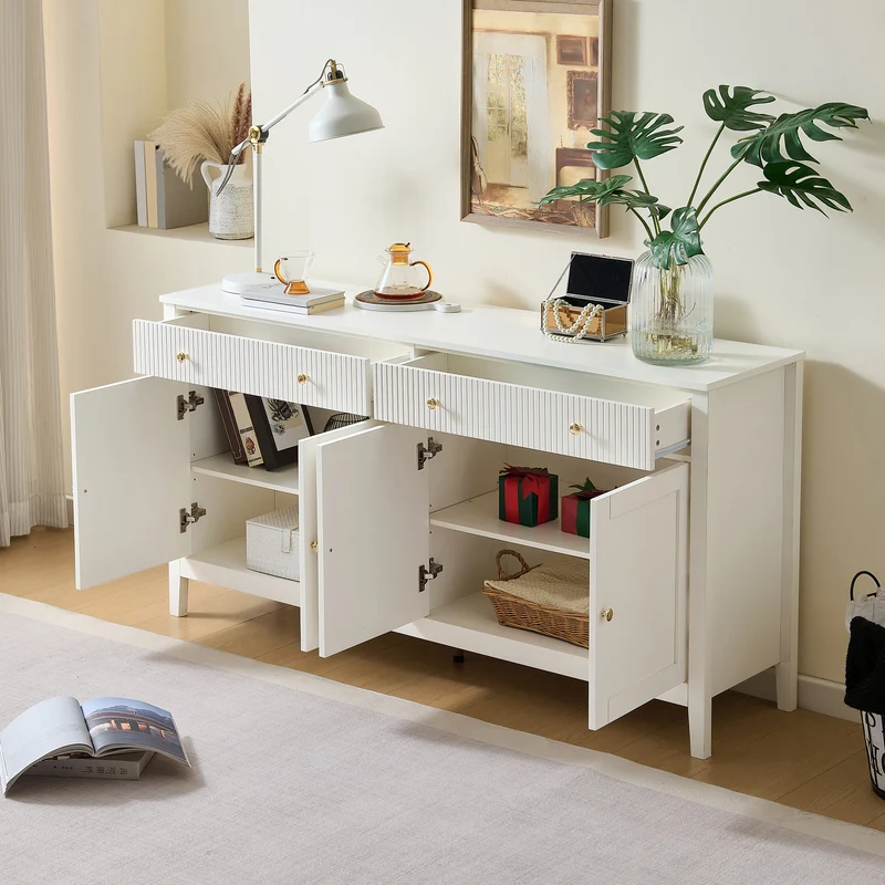 Buffet blanc 2 tiroirs à façades rainurées, 4 portes et poignées dorées 160x40x82cm CLASSICBARSET