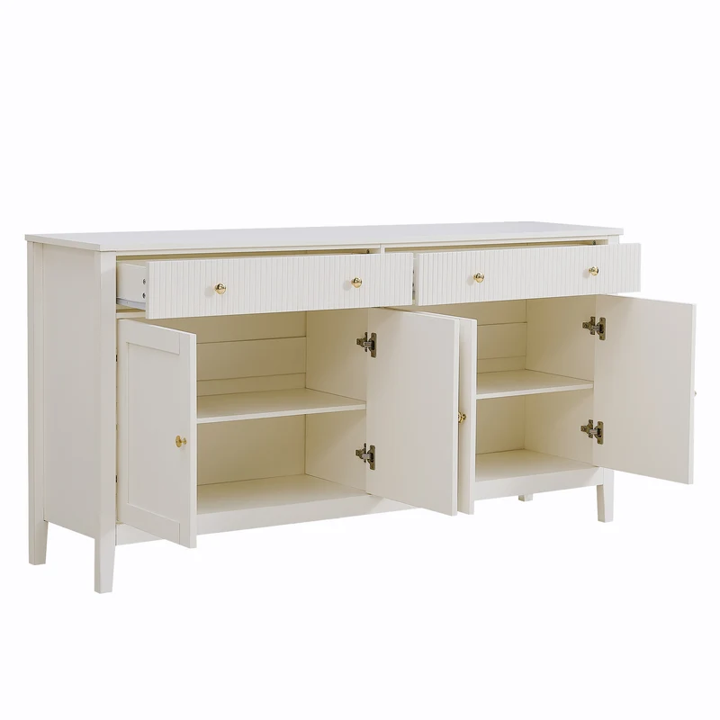 Buffet blanc 2 tiroirs à façades rainurées, 4 portes et poignées dorées 160x40x82cm CLASSICBARSET