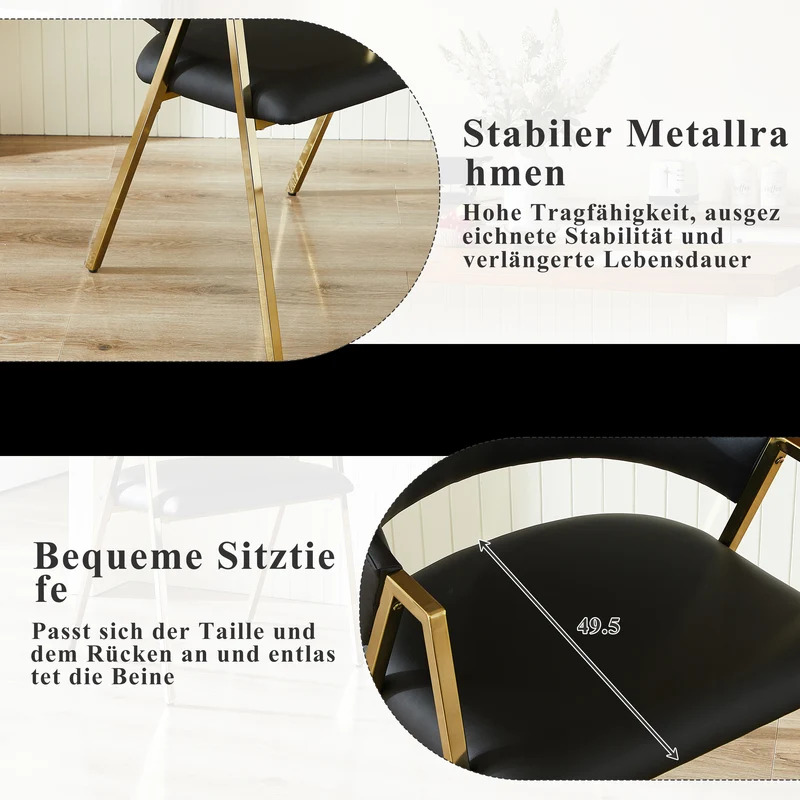 Lot de 2 chaises de salle à manger en similicuir noir, cadre métal doré CLASSICCEILINGHOME