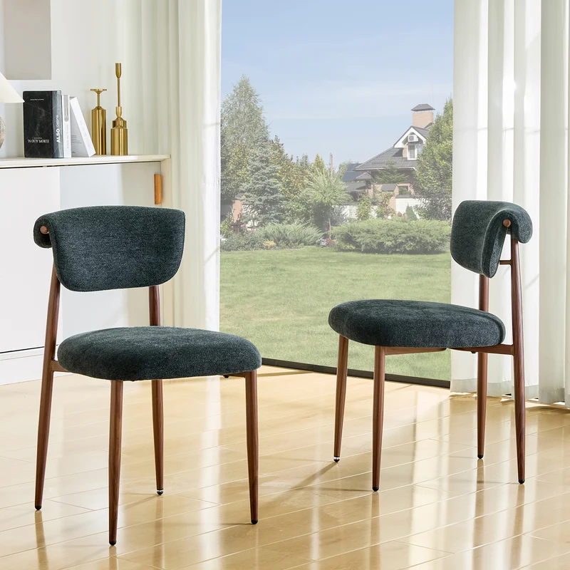 Lot de 2 chaises de salle à manger noires en lin, courbé, pieds effet noyer CLASSICBARHOME