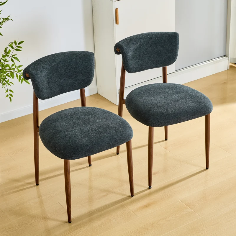 Lot de 2 chaises de salle à manger noires en lin, courbé, pieds effet noyer CLASSICBARHOME