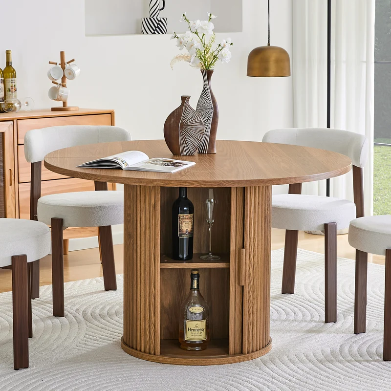 Table de salle à manger ronde effet bois, design à latte et rangement intégré 4-6 personnes 120cm CLASSICCEILING