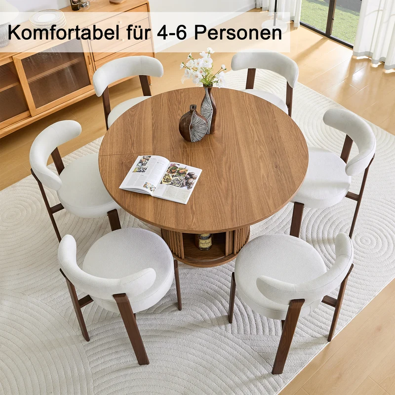 Table de salle à manger ronde effet bois, design à latte et rangement intégré 4-6 personnes 120cm CLASSICCEILING