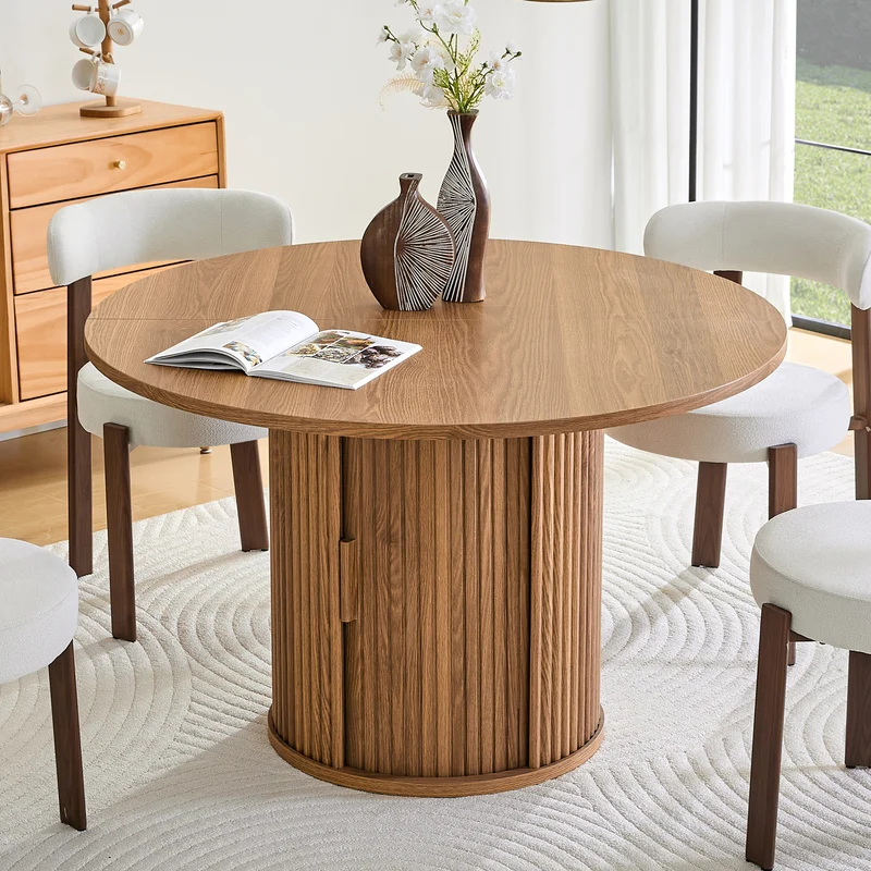 Table de salle à manger ronde effet bois, design à latte et rangement intégré 4-6 personnes 120cm CLASSICCEILING