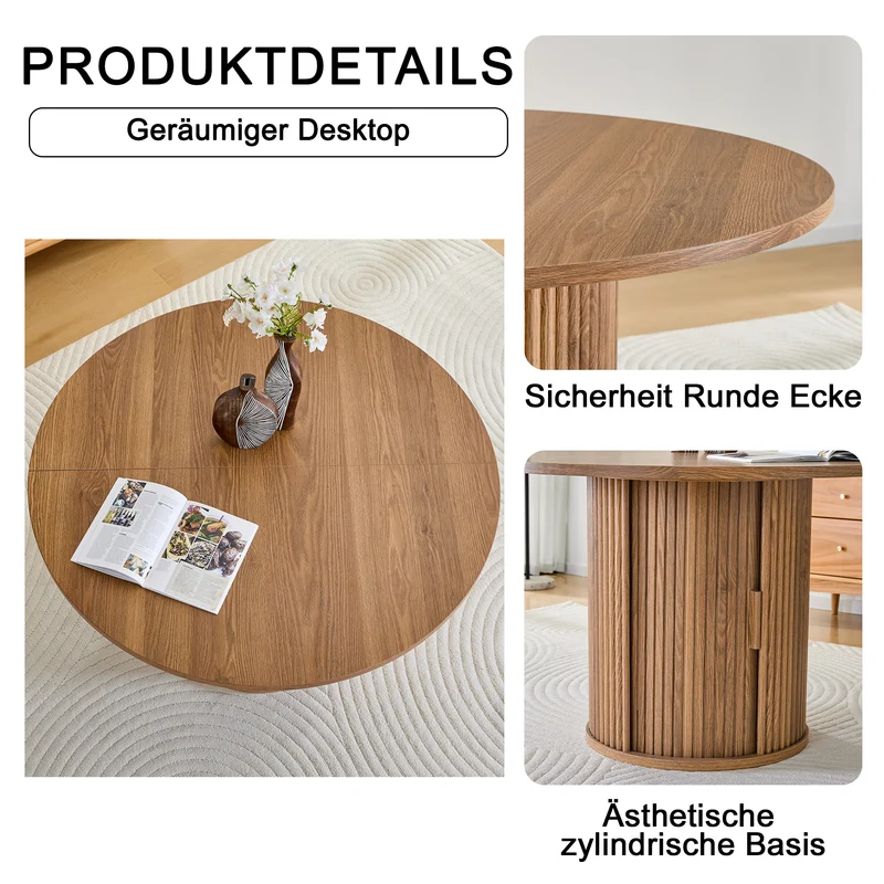 Table de salle à manger ronde effet bois, design à latte et rangement intégré 4-6 personnes 120cm CLASSICCEILING