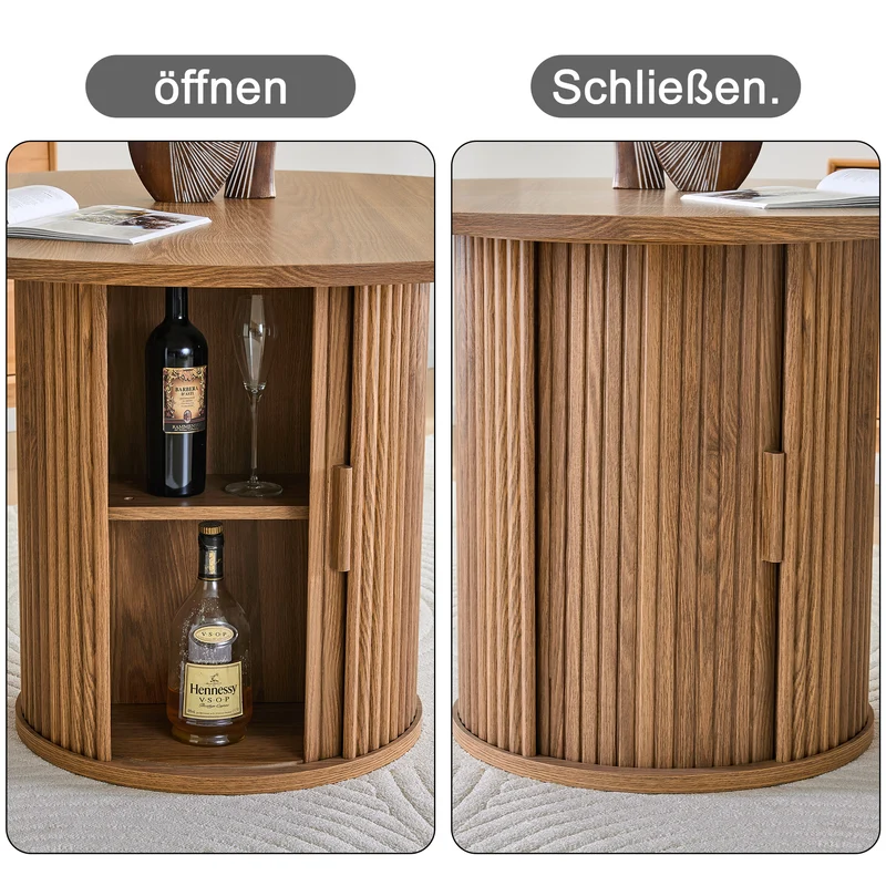 Table de salle à manger ronde effet bois, design à latte et rangement intégré 4-6 personnes 120cm CLASSICCEILING