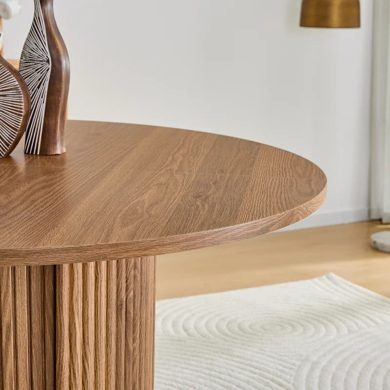 Table de salle à manger ronde effet bois, design à latte et rangement intégré 4-6 personnes 120cm CLASSICCEILING