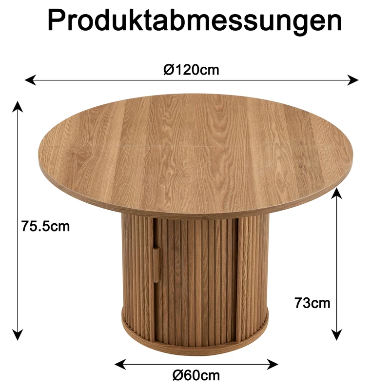 Table de salle à manger ronde effet bois, design à latte et rangement intégré 4-6 personnes 120cm CLASSICCEILING