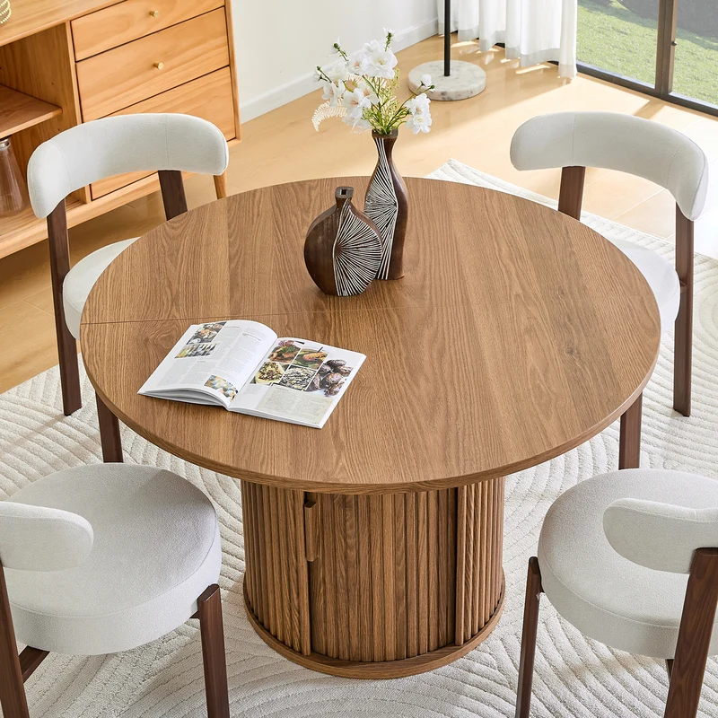 Table de salle à manger ronde effet bois, design à latte et rangement intégré 4-6 personnes 120cm CLASSICCEILING