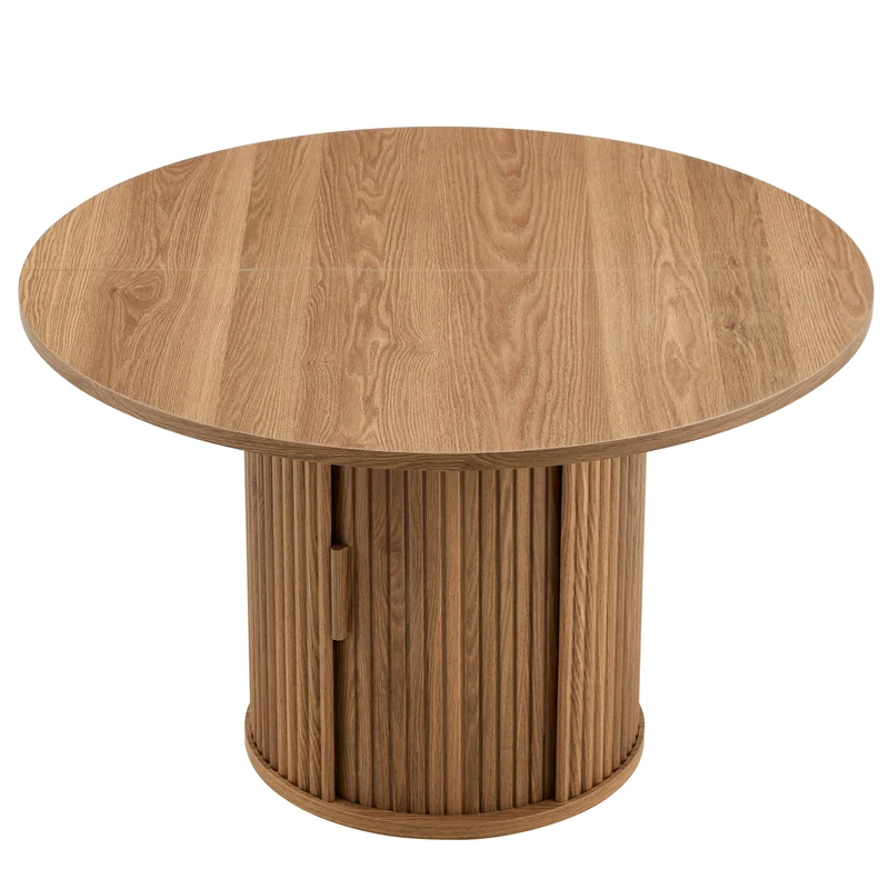 Table de salle à manger ronde effet bois, design à latte et rangement intégré 4-6 personnes 120cm CLASSICCEILING