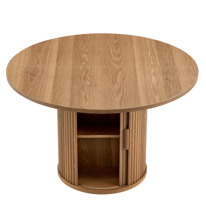 Table de salle à manger ronde effet bois, design à latte et rangement intégré 4-6 personnes 120cm CLASSICCEILING