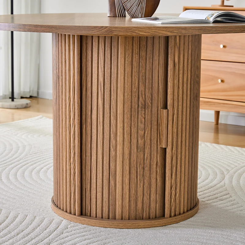 Table de salle à manger ronde effet bois, design à latte et rangement intégré 4-6 personnes 120cm CLASSICCEILING