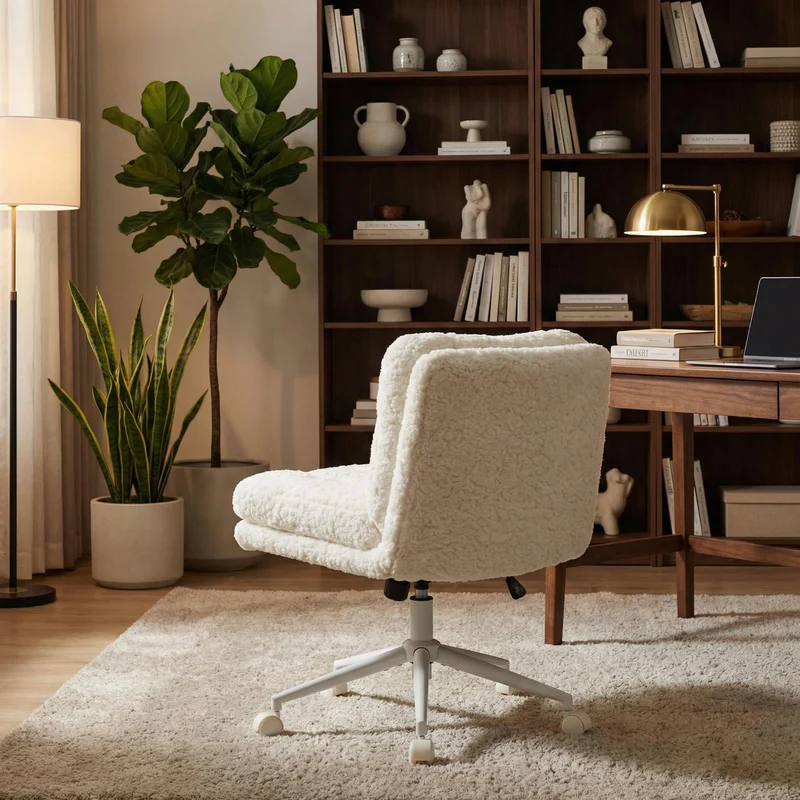 Chaise de bureau large fausse fourrure crème, pivotante et réglable, style cosy AURORAEX
