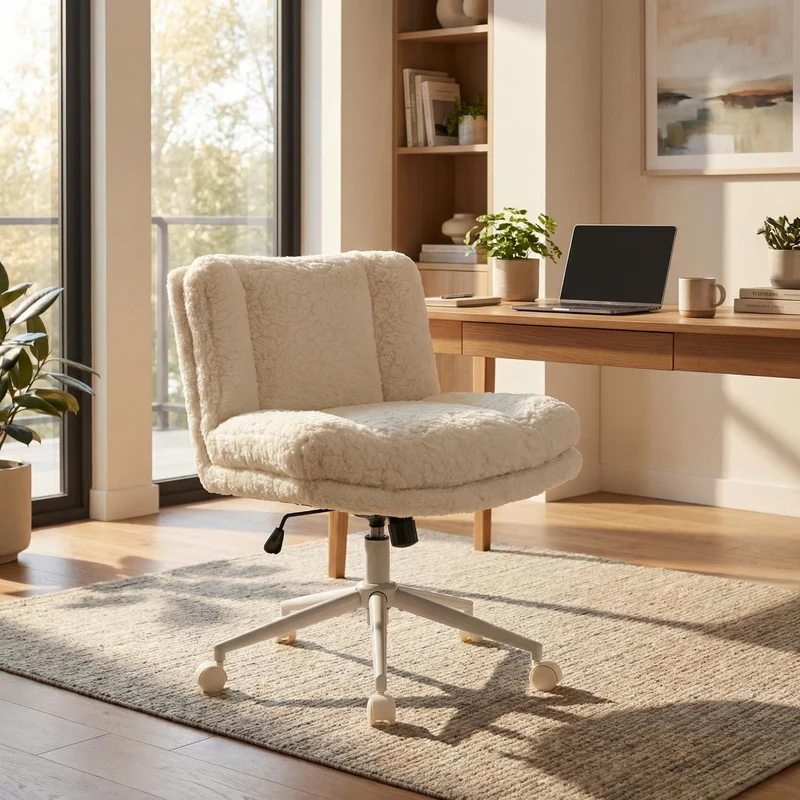 Chaise de bureau large fausse fourrure crème, pivotante et réglable, style cosy AURORAEX