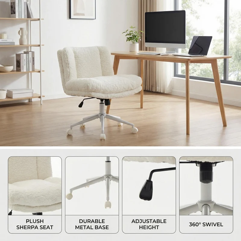 Chaise de bureau large fausse fourrure crème, pivotante et réglable, style cosy AURORAEX