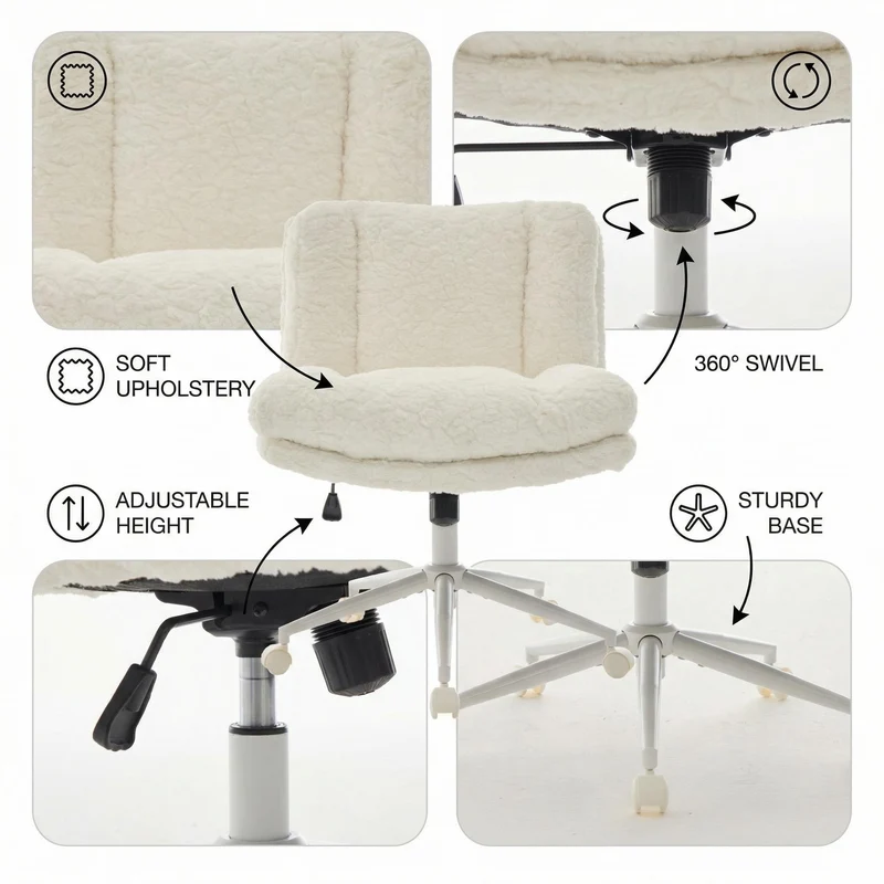 Chaise de bureau large fausse fourrure crème, pivotante et réglable, style cosy AURORAEX