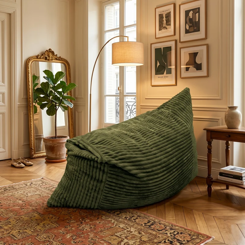 Pouf poire convertible lit flanelle côtelée vert déhoussable 180x125cm CHROMECLOCK