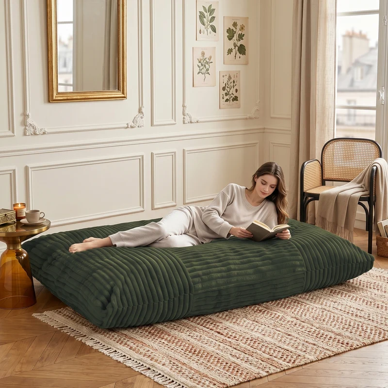 Pouf poire convertible lit flanelle côtelée vert déhoussable 180x125cm CHROMECLOCK