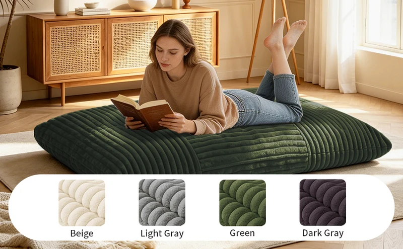 Pouf poire convertible lit flanelle côtelée vert déhoussable 180x125cm CHROMECLOCK