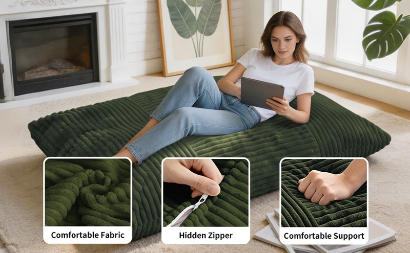 Pouf poire convertible lit flanelle côtelée vert déhoussable 180x125cm CHROMECLOCK
