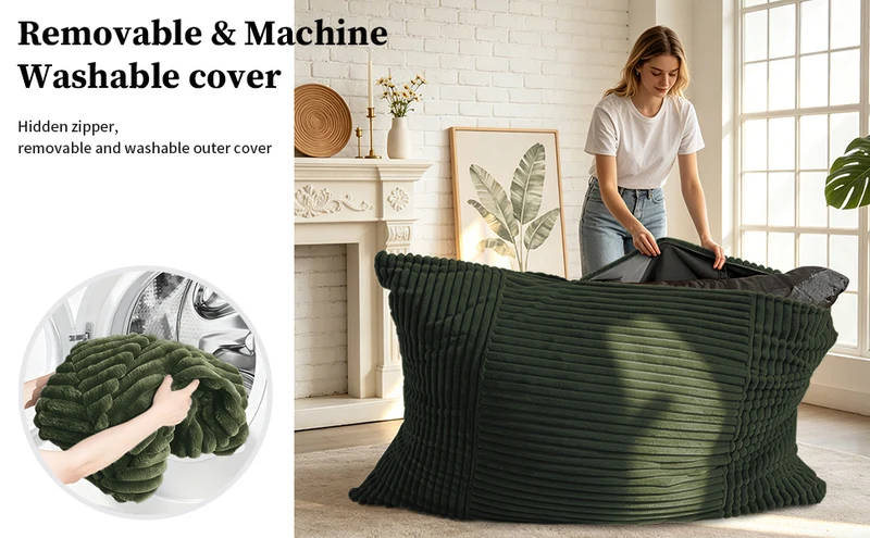 Pouf poire convertible lit flanelle côtelée vert déhoussable 180x125cm CHROMECLOCK