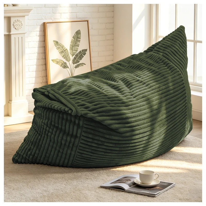 Pouf poire convertible lit flanelle côtelée vert déhoussable 180x125cm CHROMECLOCK