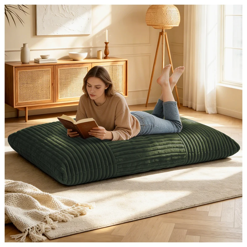 Pouf poire convertible lit flanelle côtelée vert déhoussable 180x125cm CHROMECLOCK