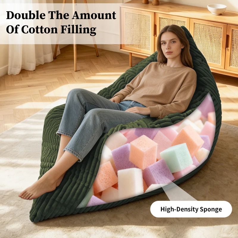 Pouf poire convertible lit flanelle côtelée vert déhoussable 180x125cm CHROMECLOCK