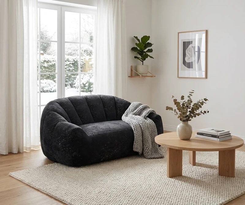 Canapé design forme de coquillage en flanelle noire avec paillettes sans montage 140x98x61cm CHROMEBED
