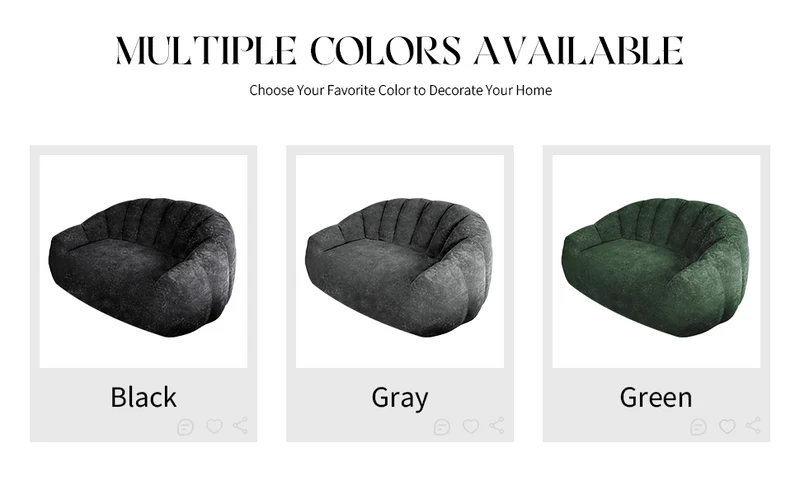 Canapé design forme de coquillage en flanelle noire avec paillettes sans montage 140x98x61cm CHROMEBED