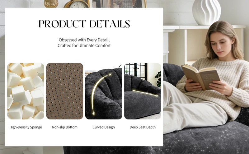 Canapé design forme de coquillage en flanelle noire avec paillettes sans montage 140x98x61cm CHROMEBED