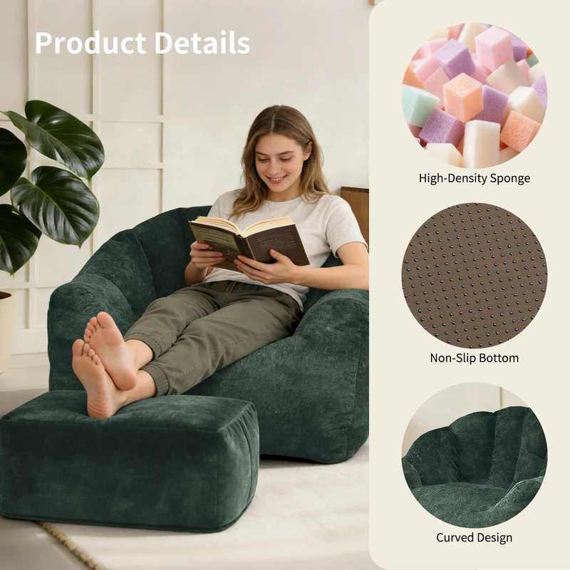 Fauteuil rond matelassé avec repose-pieds vert flanelle avec paillettes sans montage 99x86x65cm CHROMEBAR