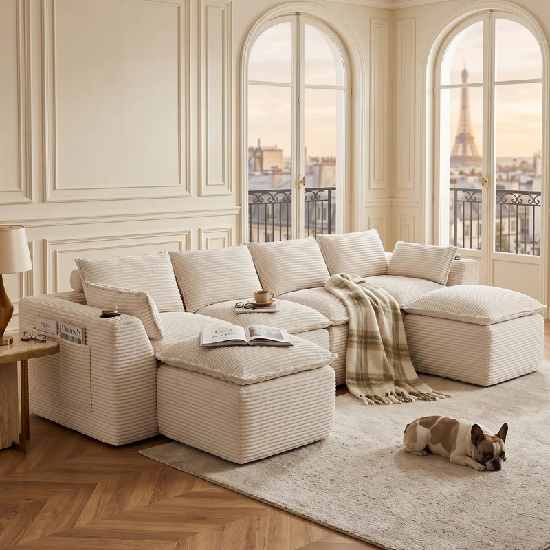 Canapé modulable 4 places avec 2 poufs et coussins Velours côtelé beige, poches latérales et porte-gobelet BENCHPURE