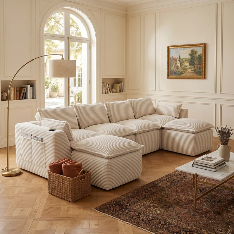 Canapé modulable 4 places avec 2 poufs et coussins Velours côtelé beige, poches latérales et porte-gobelet BENCHPURE