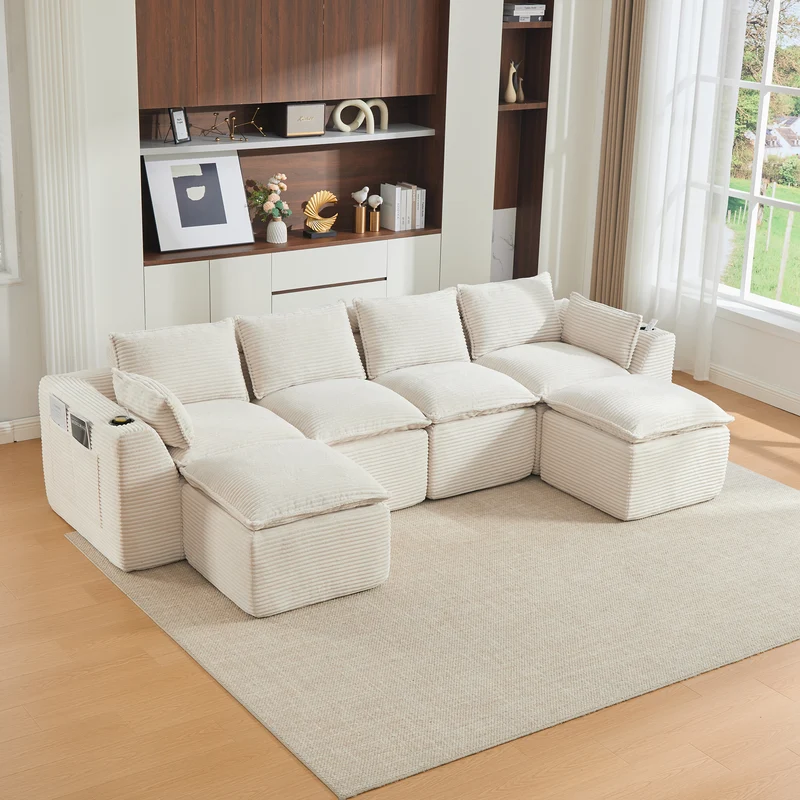 Canapé modulable 4 places avec 2 poufs et coussins Velours côtelé beige, poches latérales et porte-gobelet BENCHPURE