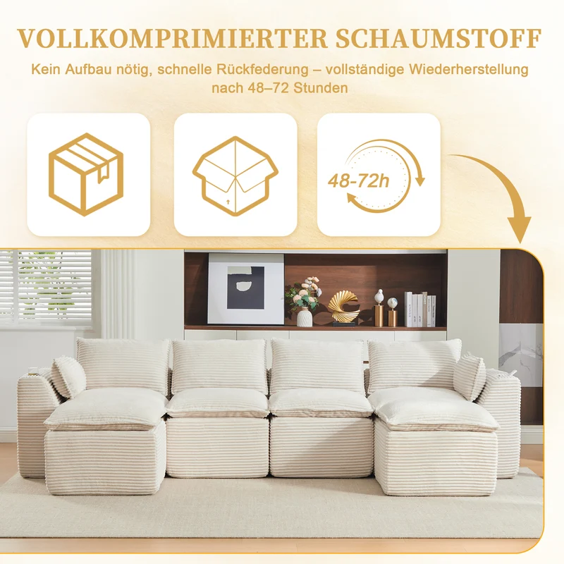 Canapé modulable 4 places avec 2 poufs et coussins Velours côtelé beige, poches latérales et porte-gobelet BENCHPURE
