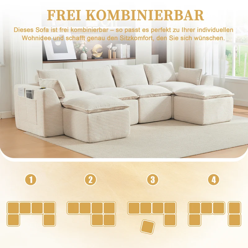 Canapé modulable 4 places avec 2 poufs et coussins Velours côtelé beige, poches latérales et porte-gobelet BENCHPURE
