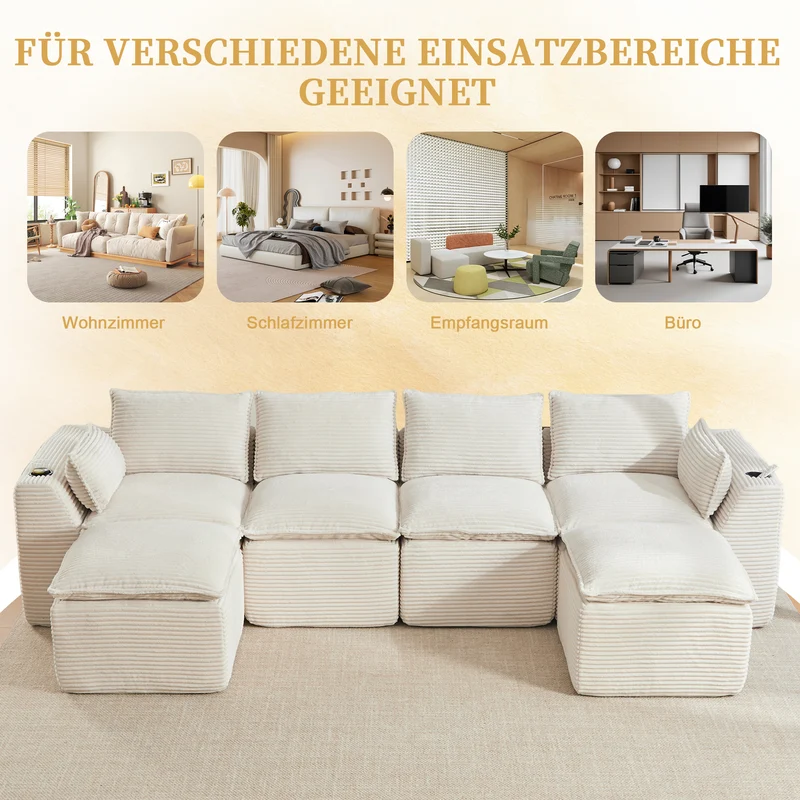 Canapé modulable 4 places avec 2 poufs et coussins Velours côtelé beige, poches latérales et porte-gobelet BENCHPURE