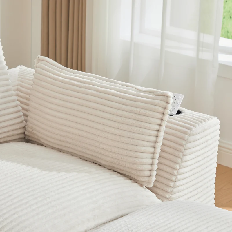 Canapé modulable 4 places avec 2 poufs et coussins Velours côtelé beige, poches latérales et porte-gobelet BENCHPURE