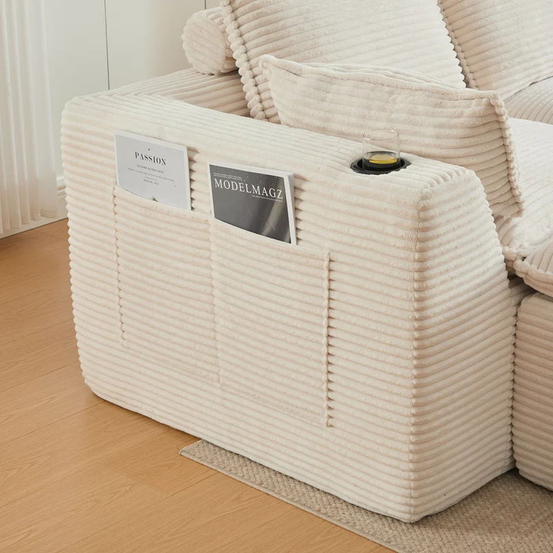 Canapé modulable 4 places avec 2 poufs et coussins Velours côtelé beige, poches latérales et porte-gobelet BENCHPURE