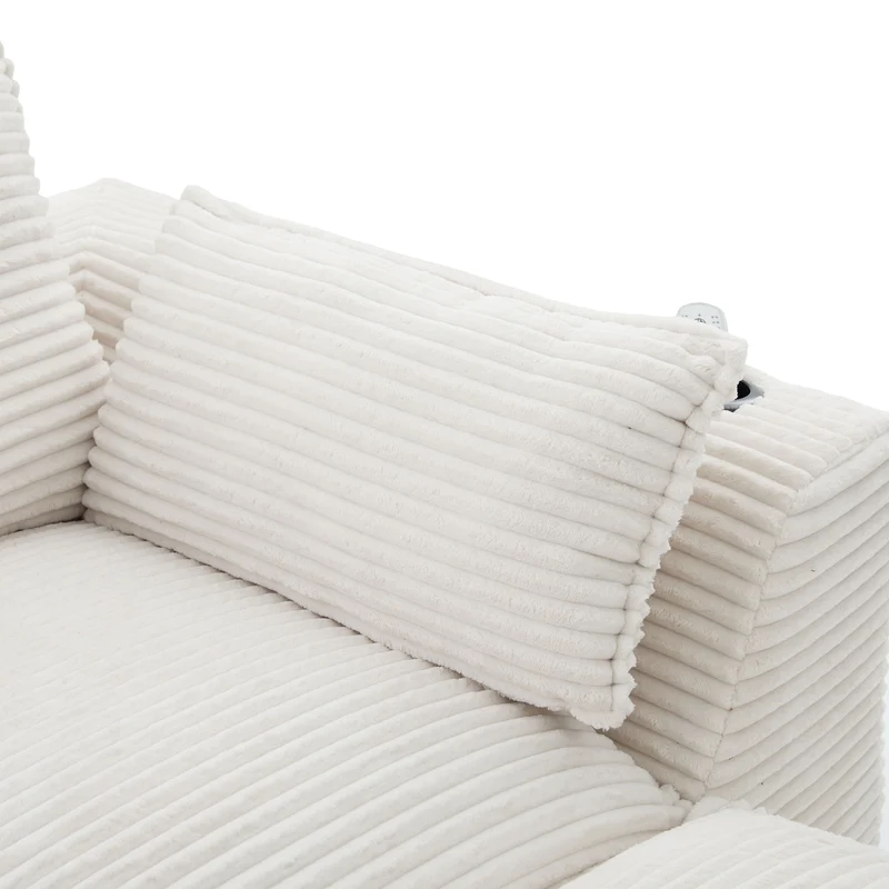 Canapé modulable 4 places avec 2 poufs et coussins Velours côtelé beige, poches latérales et porte-gobelet BENCHPURE