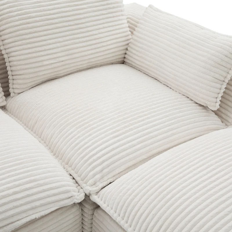 Canapé modulable 4 places avec 2 poufs et coussins Velours côtelé beige, poches latérales et porte-gobelet BENCHPURE
