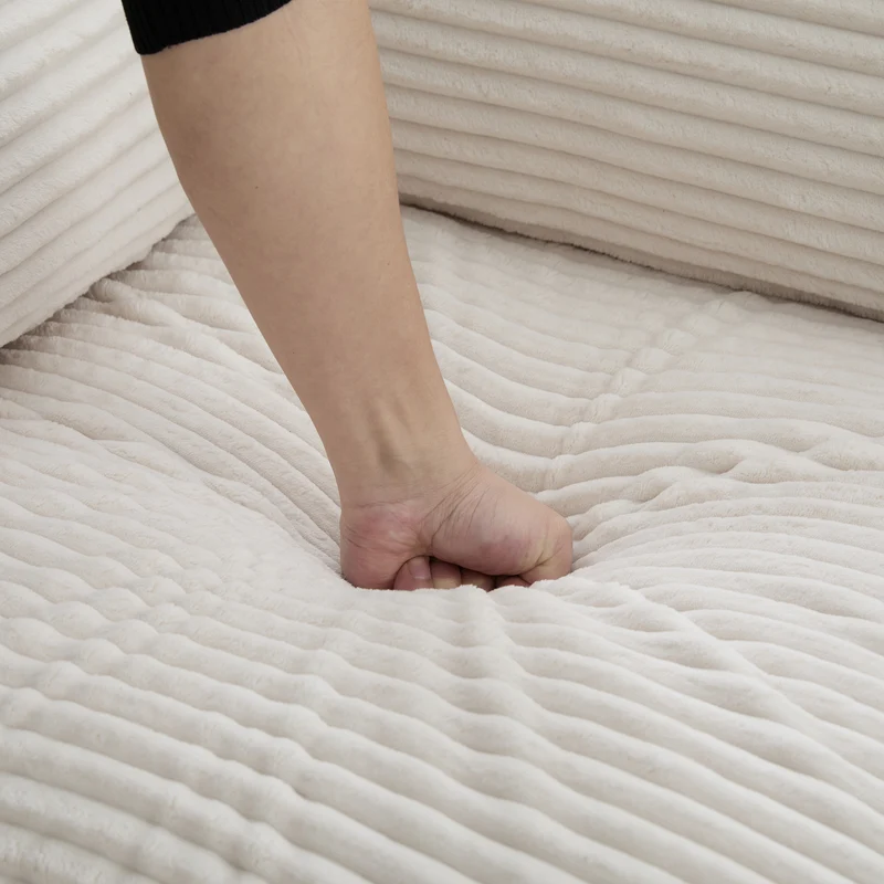 Canapé modulable 4 places avec 2 poufs et coussins Velours côtelé beige, poches latérales et porte-gobelet BENCHPURE