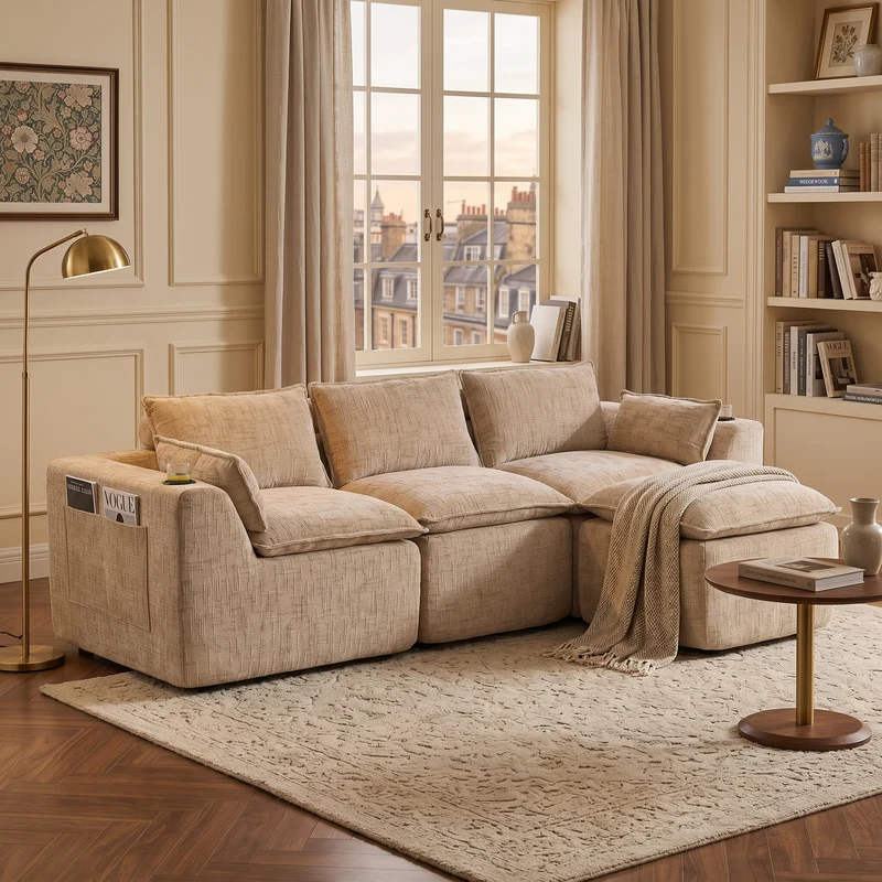 Canapé modulable 3 places avec pouf et coussins tissu chenille kaki, poches latérales et porte-gobelet BENCHPRIME