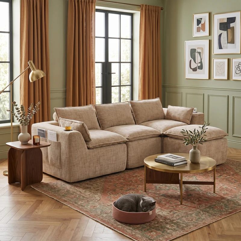 Canapé modulable 3 places avec pouf et coussins tissu chenille kaki, poches latérales et porte-gobelet BENCHPRIME