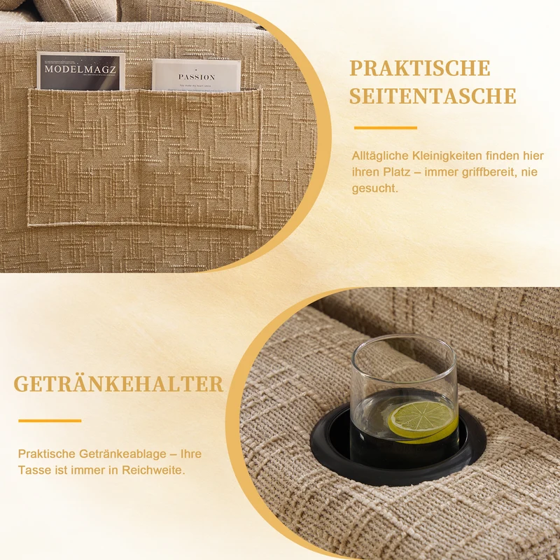 Canapé modulable 3 places avec pouf et coussins tissu chenille kaki, poches latérales et porte-gobelet BENCHPRIME