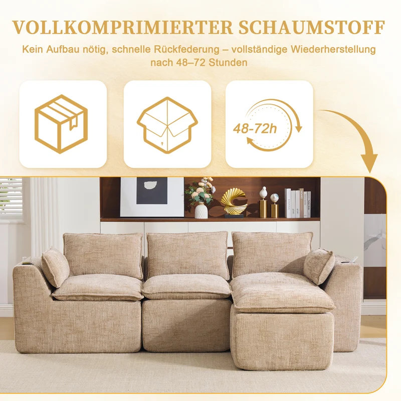 Canapé modulable 3 places avec pouf et coussins tissu chenille kaki, poches latérales et porte-gobelet BENCHPRIME