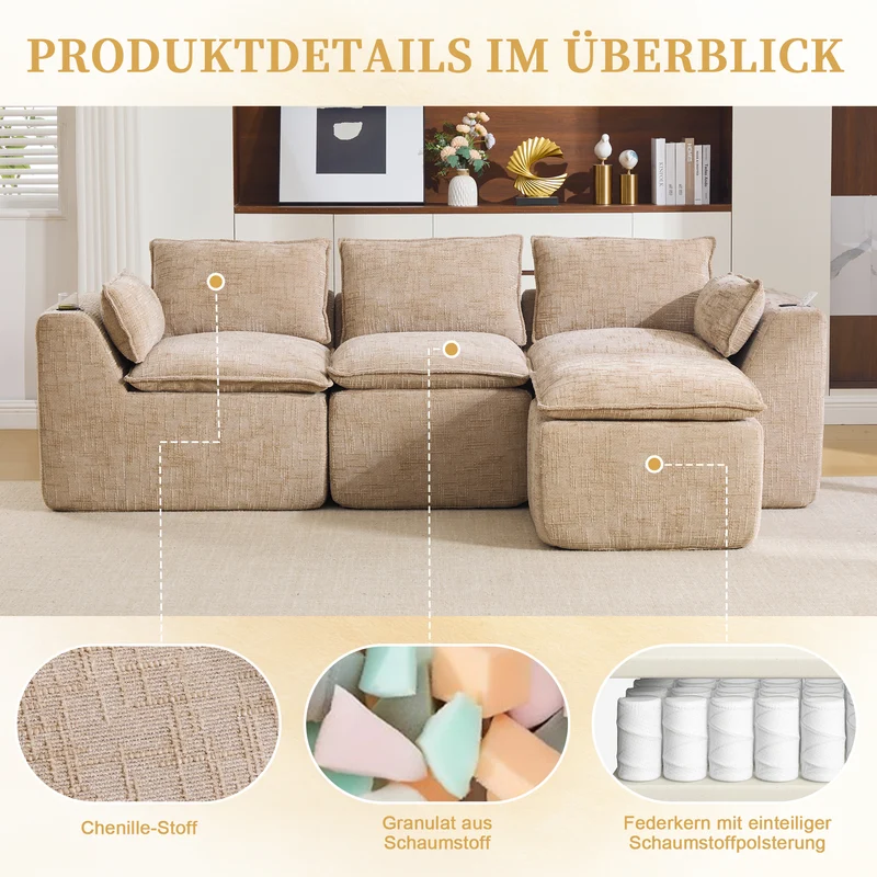 Canapé modulable 3 places avec pouf et coussins tissu chenille kaki, poches latérales et porte-gobelet BENCHPRIME