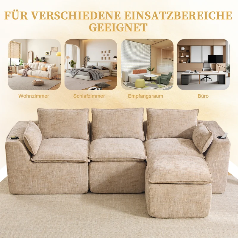 Canapé modulable 3 places avec pouf et coussins tissu chenille kaki, poches latérales et porte-gobelet BENCHPRIME